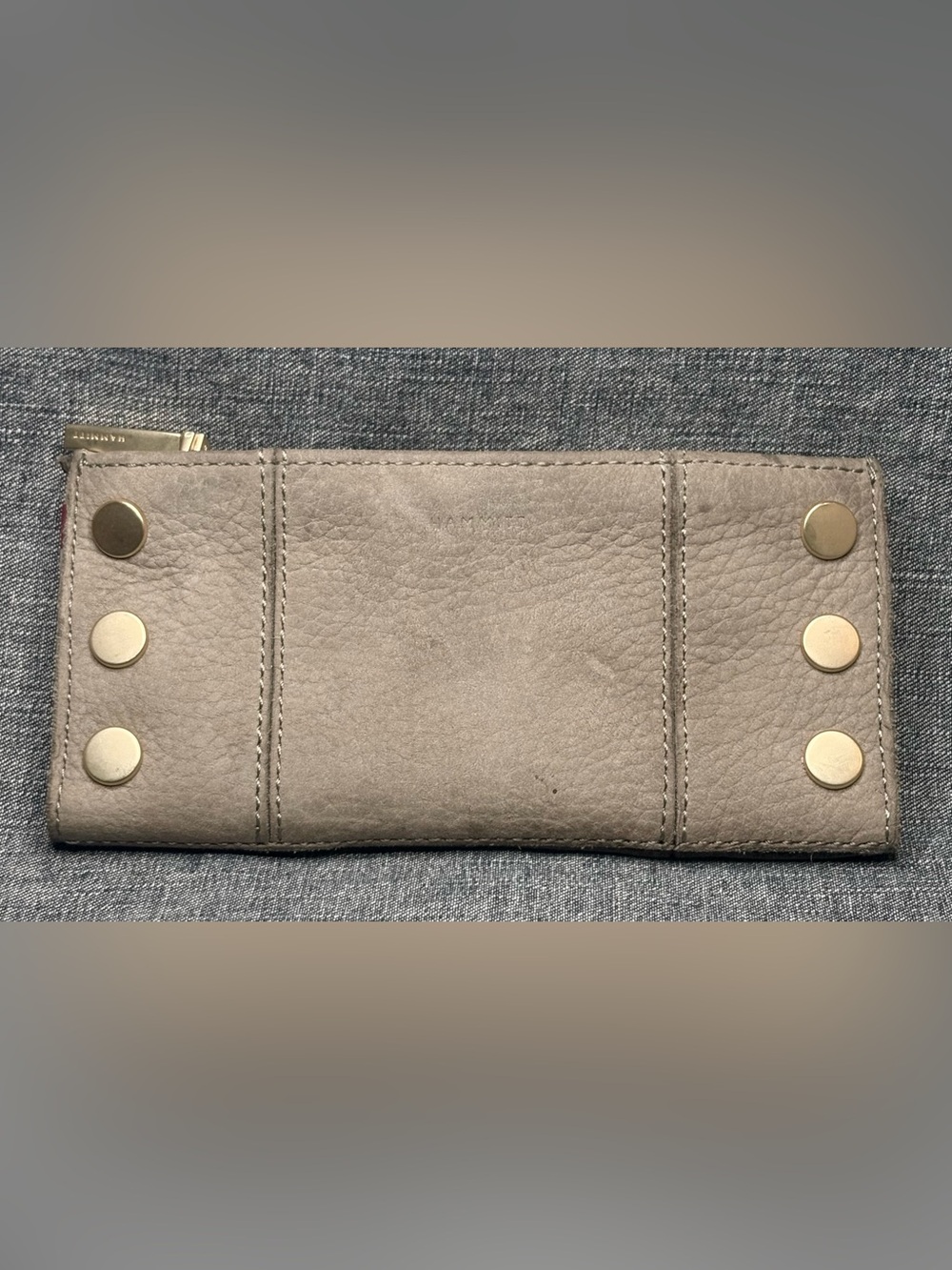 HAMMITT 110 North Gray/Taupe Pebbled Leather Billfold Wallet Metallic Rivets